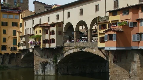 Zoom in to close up of the Ponte Vecchio Florence, Italy Stock Footage 74801465