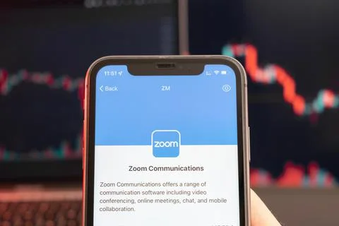 Zoom Communications stock price decrease on the trading market with downtrend Stock Photos