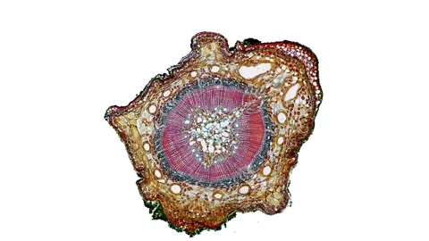 Zoom in cross section cut slice of plant stem under the microscope Stock Footage 171826001