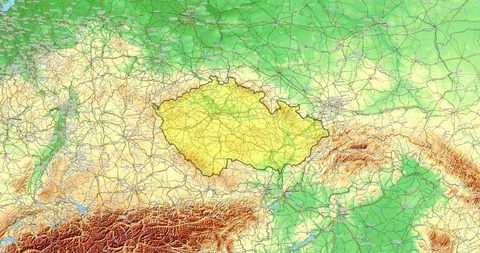 Zoom to Czech Republic Map. Cities, State Borders, Main Roads, Elevation Data. Stock Footage 105233347