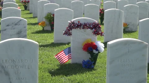 Zoom from decorated grave to rows of grave markers Stock Footage 154603662