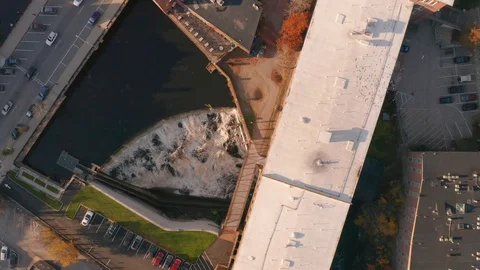 Zoom Down Drone Shot Over Waterfall In Downtown Dover New Hampshire Video stock 128193893