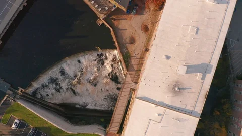Zoom Up Drone Shot Over Waterfall In Downtown Dover New Hampshire Video stock 128193813