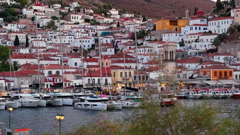 Zoom Drone View of Hydra Town Waterfront and Harbor Through Tree Branches at Stock Footage 344064053