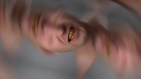 Zoom effect. A man with yellow teeth aggressively grins. Close-up smoker's teeth Видео 125554338