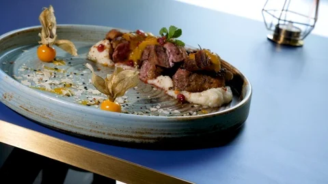 Zoom in on fine dining plate Stock Footage 95879524