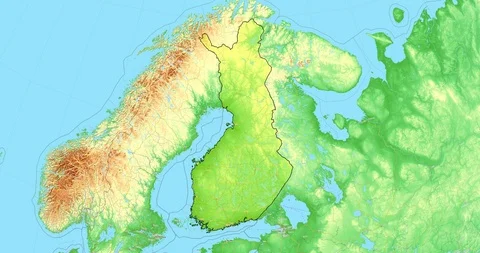 Zoom to Finland Map. Cities, State Borders, Main Roads, Elevation Data. Stock Footage 105331304