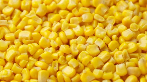 Zoom frame canned corn top view, rotating Stock Footage 252563826