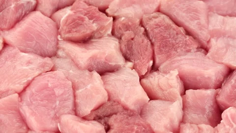 Zoom frame chopped raw pork meat top view, rotation 스톡 동영상 244831025