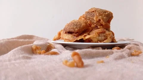 A zoom-in of fried tofu on the table Stock Footage 146492772