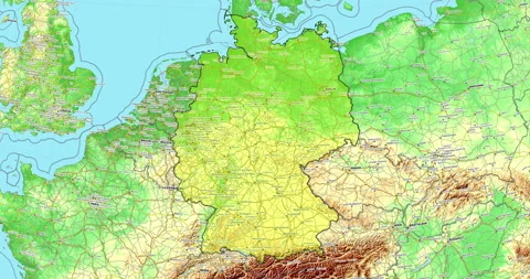 Zoom to Germany Map. Cities, State Borders, Main Roads, Elevation Data. Stock Footage