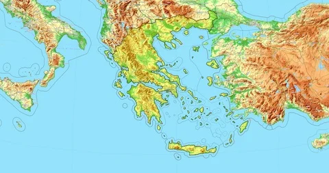 Zoom to Greece Map. Cities, State Borders, Main Roads, Elevation Data. Видео 105345081