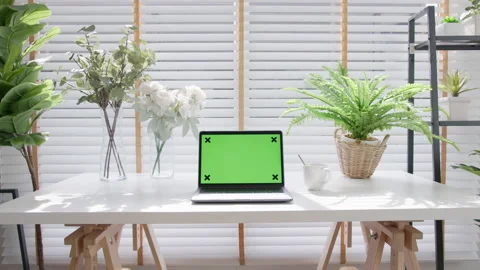 Zoom in : Green screen chroma key for display on laptop computer on desk 動画素材 139748575