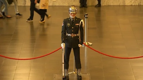 Zoom - Honor Guard Standing at Attention at Sun Yat Sen Memorial - Taipei Taiwan Stock Footage 87207452
