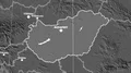 Zoom-in on Hungary outlined. Grayscale contrasted 4k or 4k+ Resolution