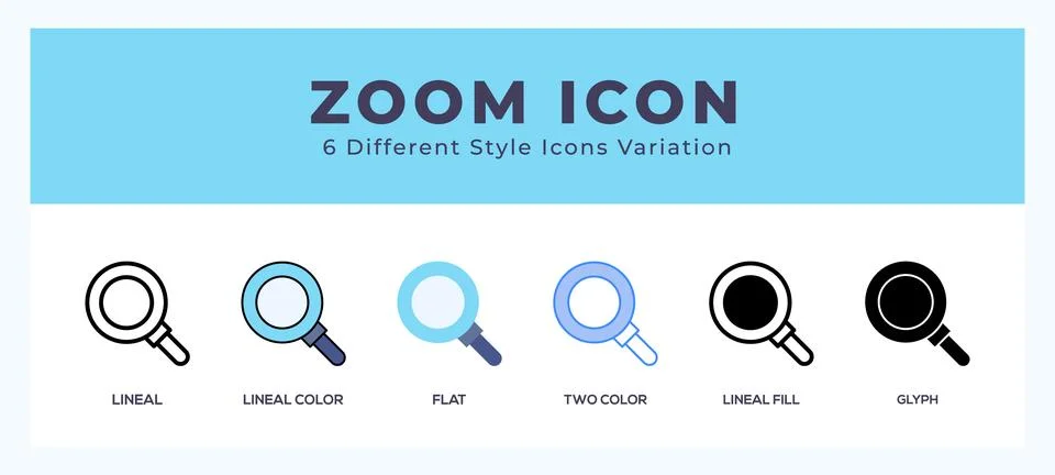 Zoom icon set with different styles. Vector illustration. Ilustração Stock