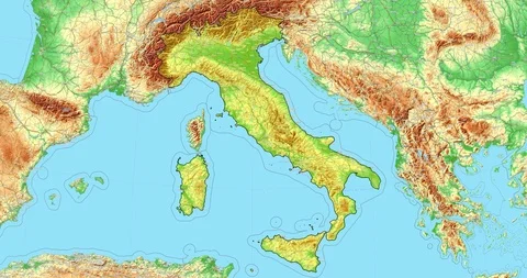 Zoom to Italy Map. Cities, State Borders, Main Roads, Elevation Data. Stock Footage 105296985
