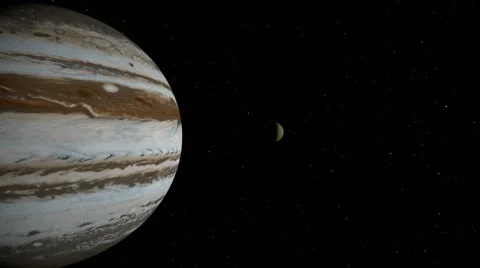 Zoom into jupiter focus on the moon io into a breaking manuver Stock-Footage 50122856