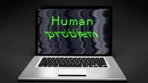 Zoom on a laptop computer portable pc with HUMAN PROBLEM message, matrix font Stock Footage 119343705