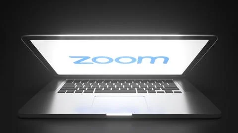 ZOOM logo on the display of a portable computer, editorial conceptual 3d Stock Illustration