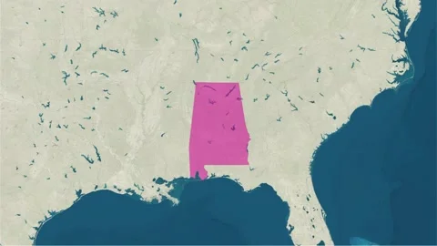 Zoom in to the map of Alabama with text, textless, and with flag Stock Footage 217576270