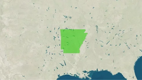 Zoom in to the map of Arkansas with text, textless, and with flag Stock Footage 217579999
