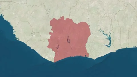 Zoom in to the map of Ivory Coast with text, textless, and with flag Stock Footage 211014752