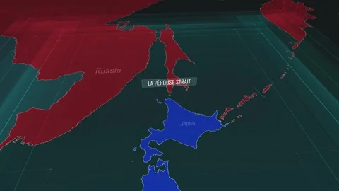 Zoom in to the map of La Perouse Strait with text, textless Stock Footage 318579575