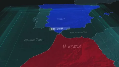 Zoom in to the map of Strait of Gibraltar with text, textless Video stock 318520461