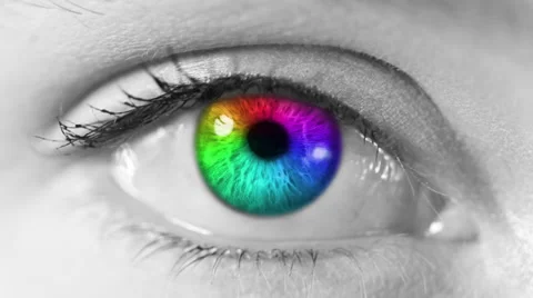 Zoom in from a multicolored human eye to a network animation. Gray skin. Stock Footage 59583447