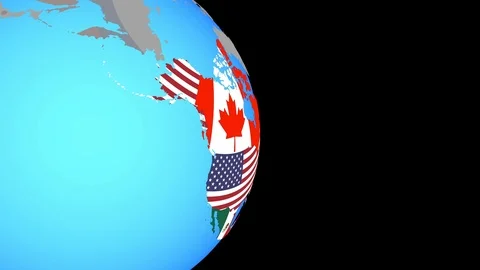 Zoom to North America with flags on globe Stock Footage 100356007