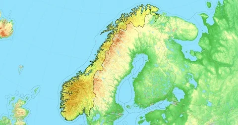Zoom to Norway Map. Cities, State Borders, Main Roads, Elevation Data. Stock Footage 105332152