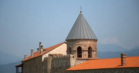 Zoom out and pan to see the medieval Alaverdi St George Cathedral &amp; monastery co Stock Footage 104108972