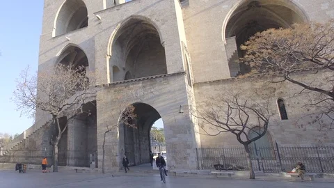 Zoom out-  Back of Torres de Serranos - Historic City Gates  - Valencia Spain Stock-Footage 73284412