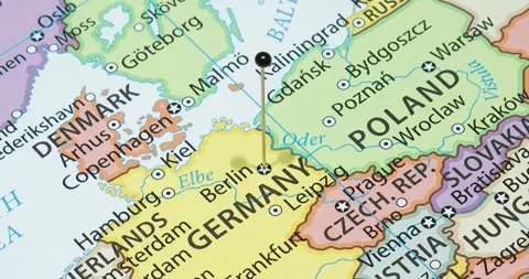 A zoom out of a black pin into Berlin city of Germany political map Video stock 323772859
