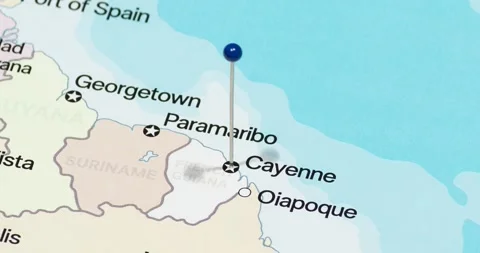 A zoom out of a blue pin into Cayenne city of French Guiana political map 스톡 동영상 323773024