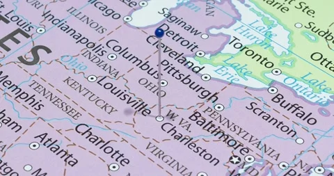 A zoom out of a blue pin into a Charleston city of The United States of America Stock Footage 323773053