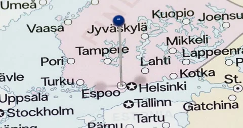 A zoom out of a blue pin into Espoo city of Finland political map Video stock 323773283