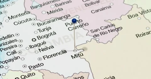 A zoom out of a blue pin into Mitu city of Colombia political map Vídeo Stock 323773993