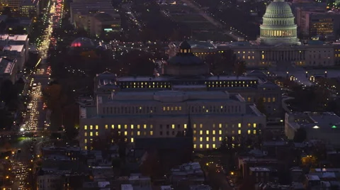Zoom-out from Capitol Hill to wide view of Washington DC at dusk. Shot in 2011. Stock Footage 59191177