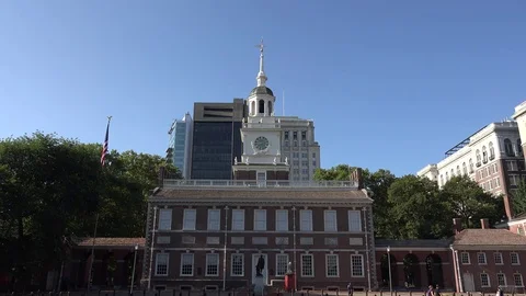 Zoom in/out on clock, Independence Hall, Philadelphia, Pa, United States. Stock Footage