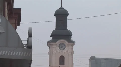 Zoom out of clock tower in street of Uzhorod, Ukraine Stock Footage 35505337