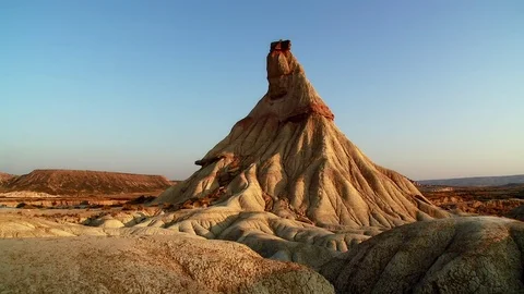Zoom out from close up of rock formation - Bardenas Riales Natural Park, Spain Stock Footage 74600048