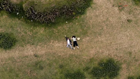 Zoom out of a couple laying down on the grass field by the sea. Aerial shot. Video stock 102165695