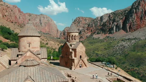 Zoom out Famous Medieval Ancient Noravank Monastery in the Mountains Stock Footage 201306754