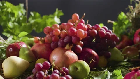 Zoom out of frout assortment on the table. Basket of fruits. Dryfruts. Grape Video stock 199028983