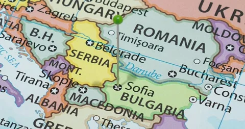 A zoom out of a green pin into sofia city of bulgaria political map Stock Footage 323774741
