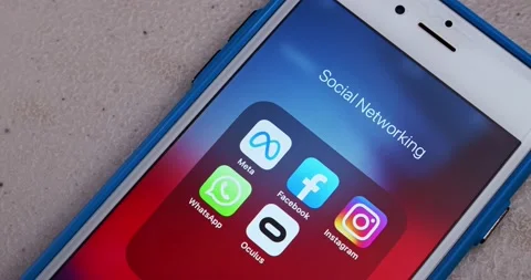 Zoom out the icon of Meta, with Facebook, Instagram, WhatsApp, and Oculus icons Stock Footage 175220194