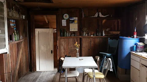 Zoom Out Interior Kitchen Riley's Cabin Camp - Mojave Desert California Stock Footage 69042062