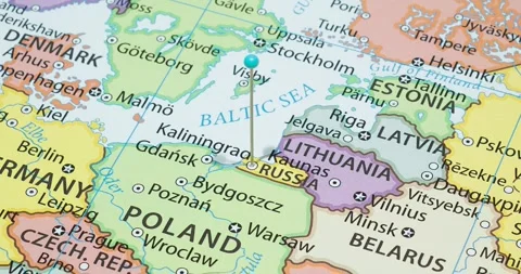 A zoom out of a light blue pin into Kaliningrad city of Russia political map Stock Footage 323773489